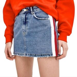 Zara Trafaluc TRF Denim Jean Mini Skirt w/Red & White Stripes size XS EUC